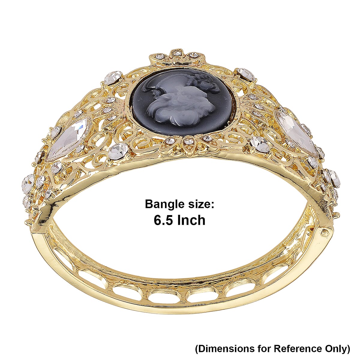 Black Cameo, White Glass and Austrian Crystal Bangle Bracelet in Goldtone (6.50 In) image number 6