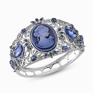 Blue Cameo, Blue Glass and Austrian Crystal Bangle Bracelet in Silvertone (6.50 In)