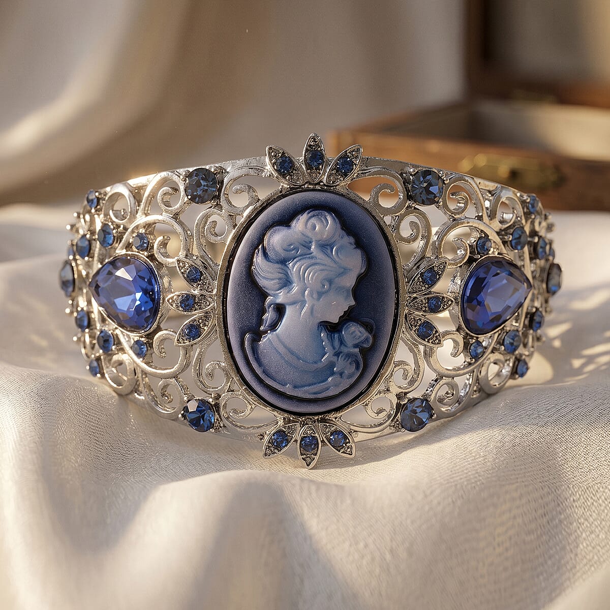 Blue Cameo, Blue Glass and Austrian Crystal Bangle Bracelet in Silvertone (6.50 In) image number 1