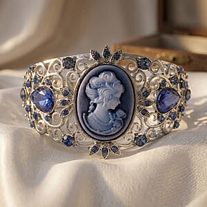Blue Cameo, Blue Glass and Austrian Crystal Bangle Bracelet in Silvertone (6.50 In)