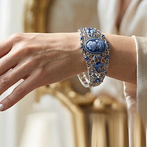 Blue Cameo, Blue Glass and Austrian Crystal Bangle Bracelet in Silvertone (6.50 In)