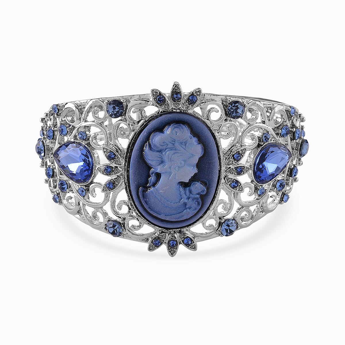 Blue Cameo, Blue Glass and Austrian Crystal Bangle Bracelet in Silvertone (6.50 In) image number 3