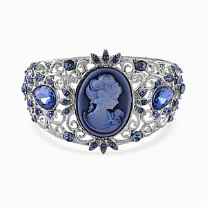 Blue Cameo, Blue Glass and Austrian Crystal Bangle Bracelet in Silvertone (6.50 In)