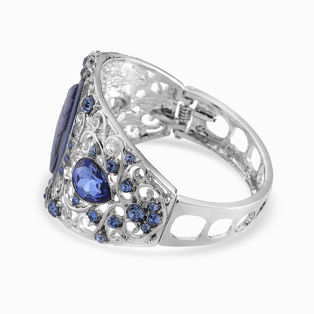 Blue Cameo, Blue Glass and Austrian Crystal Bangle Bracelet in Silvertone (6.50 In) image number 4