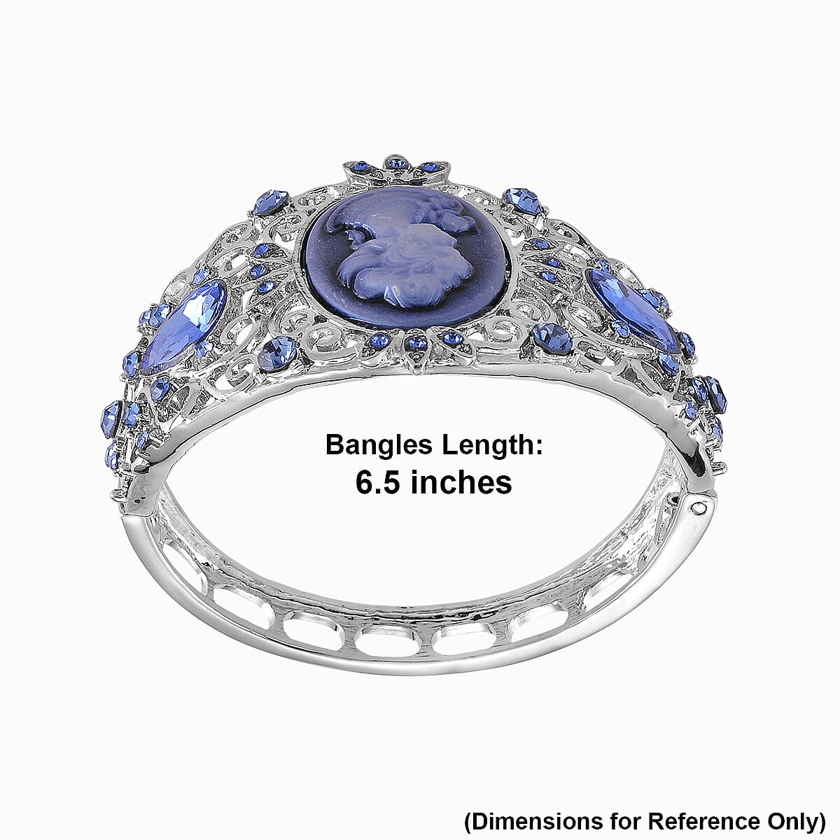 Blue Cameo, Blue Glass and Austrian Crystal Bangle Bracelet in Silvertone (6.50 In) image number 6