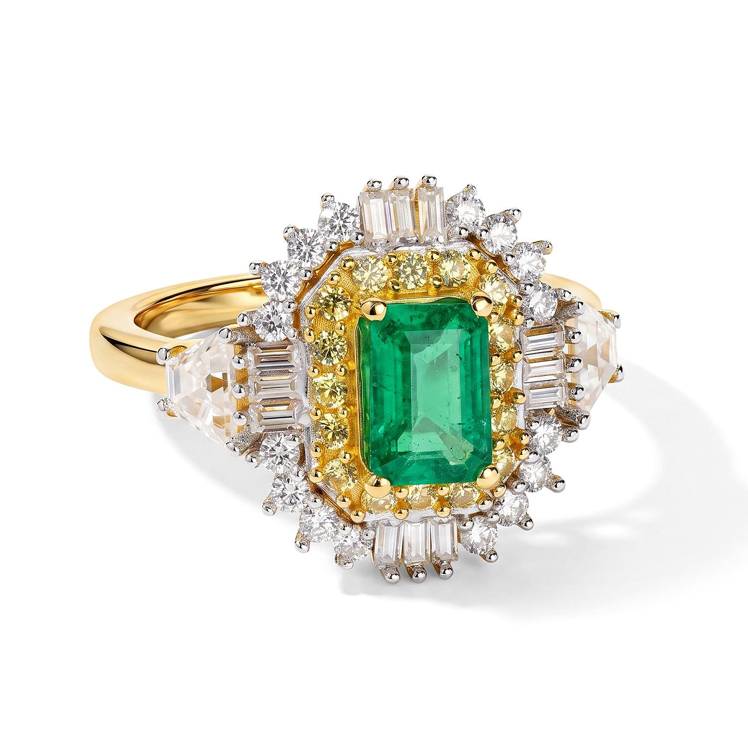 D'Joy Kagem Zambian Emerald and Multi Gemstone 2.00 ctw Crown Halo Ring in 18K Vermeil Yellow Gold Over Sterling Silver (Size 10.0)