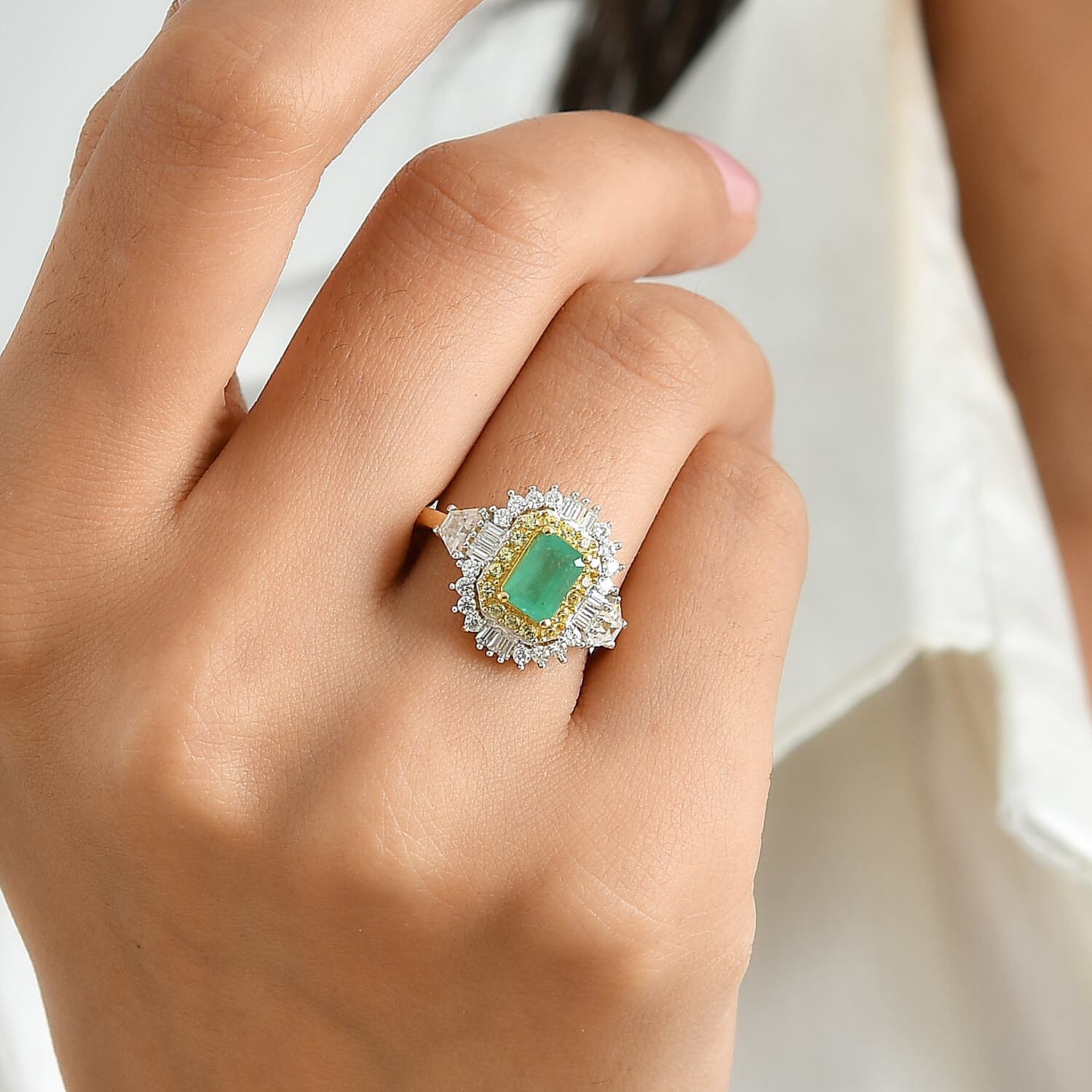 D'Joy Kagem Zambian Emerald and Multi Gemstone 2.00 ctw Crown Halo Ring in 18K Vermeil Yellow Gold Over Sterling Silver (Size 10.0)