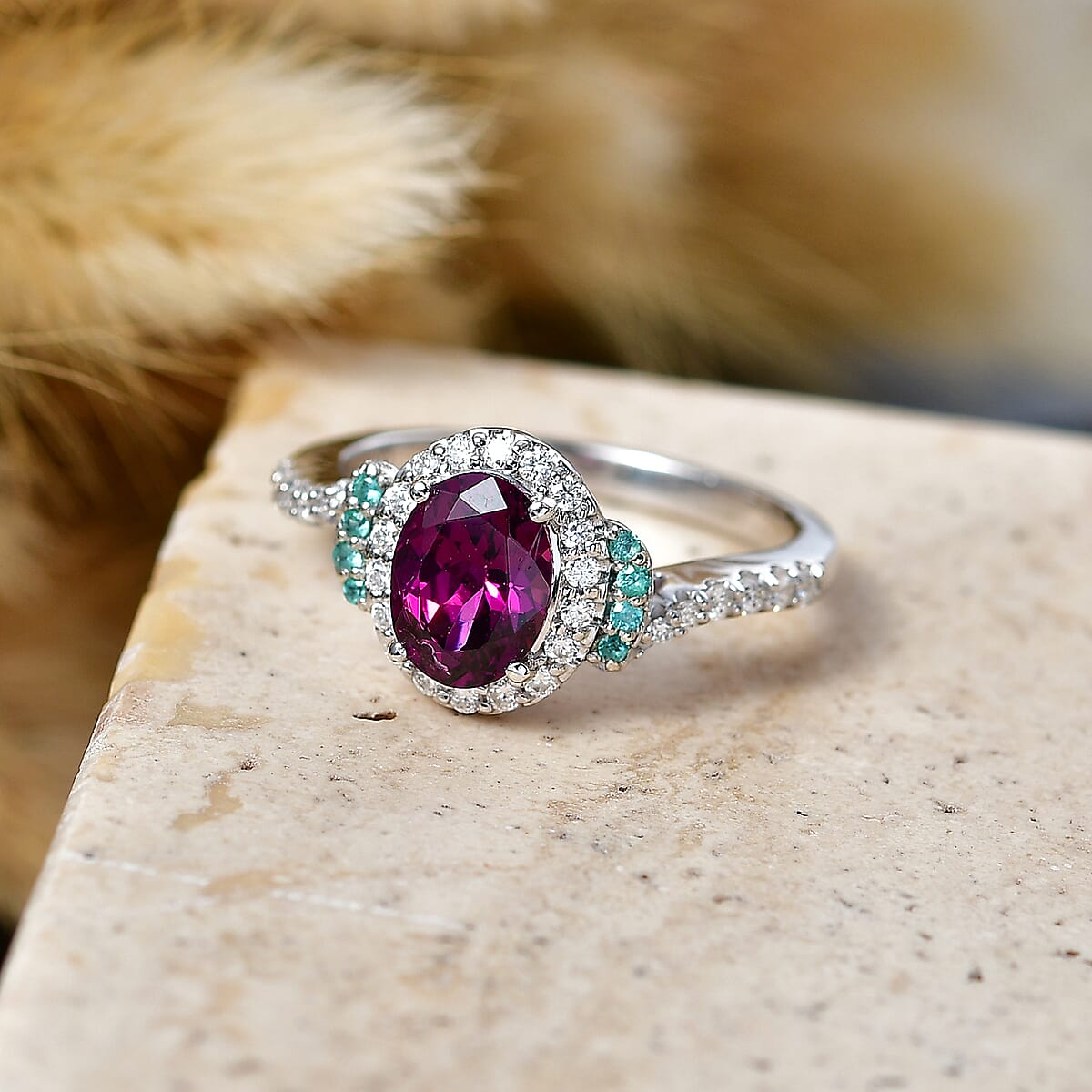 Certified & Appraised D'Joy Radiant Ember Garnet, Paraiba Tourmaline and Moissanite 2.00 ctw Ring in Rhodium Over Sterling Silver (Size 10.0) (Ships in 5-7 Days) image number 1