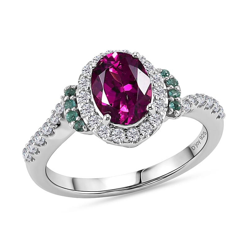 Certified & Appraised D'Joy Radiant Ember Garnet, Paraiba Tourmaline and Moissanite 2.00 ctw Ring in Rhodium Over Sterling Silver (Size 6.0)
