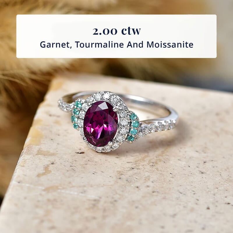 Certified & Appraised D'Joy Radiant Ember Garnet, Paraiba Tourmaline and Moissanite 2.00 ctw Ring in Rhodium Over Sterling Silver (Size 6.0)