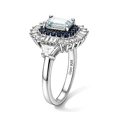 D'Joy Premium Santa Maria Aquamarine and Multi Gemstone 1.85 ctw Ring in Rhodium Over Sterling Silver (Size 10.0)