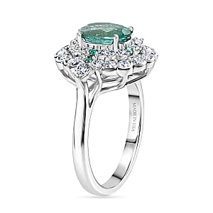 Certified & Appraised D'Joy Kagem Zambian Emerald, Paraiba Tourmaline and Moissanite 2.00 ctw Ring in Rhodium Over Sterling Silver (Size 10.0) (Ships in 5-7 Days)