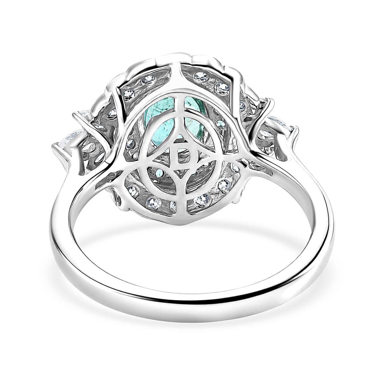 Certified & Appraised D'Joy Kagem Zambian Emerald, Paraiba Tourmaline and Moissanite 2.00 ctw Ring in Rhodium Over Sterling Silver (Size 10.0) (Ships in 5-7 Days) image number 4