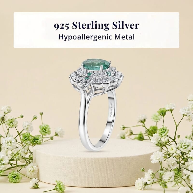 Certified & Appraised D'Joy Kagem Zambian Emerald, Paraiba Tourmaline and Moissanite 2.00 ctw Ring in Rhodium Over Sterling Silver (Size 6.0)