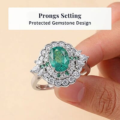 Certified & Appraised D'Joy Kagem Zambian Emerald, Paraiba Tourmaline and Moissanite 2.00 ctw Ring in Rhodium Over Sterling Silver (Size 6.0)