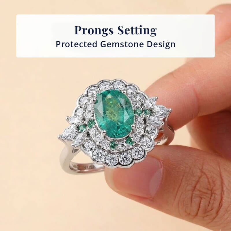 Certified & Appraised D'Joy Kagem Zambian Emerald, Paraiba Tourmaline and Moissanite 2.00 ctw Ring in Rhodium Over Sterling Silver (Size 6.0)