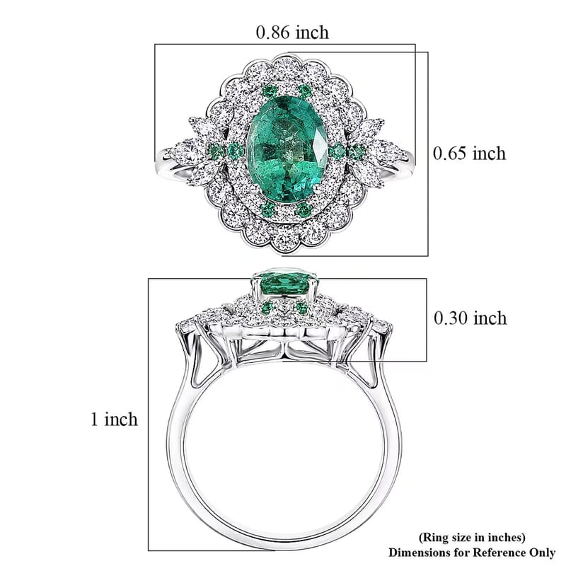 Certified & Appraised D'Joy Kagem Zambian Emerald, Paraiba Tourmaline and Moissanite 2.00 ctw Ring in Rhodium Over Sterling Silver (Size 6.0)