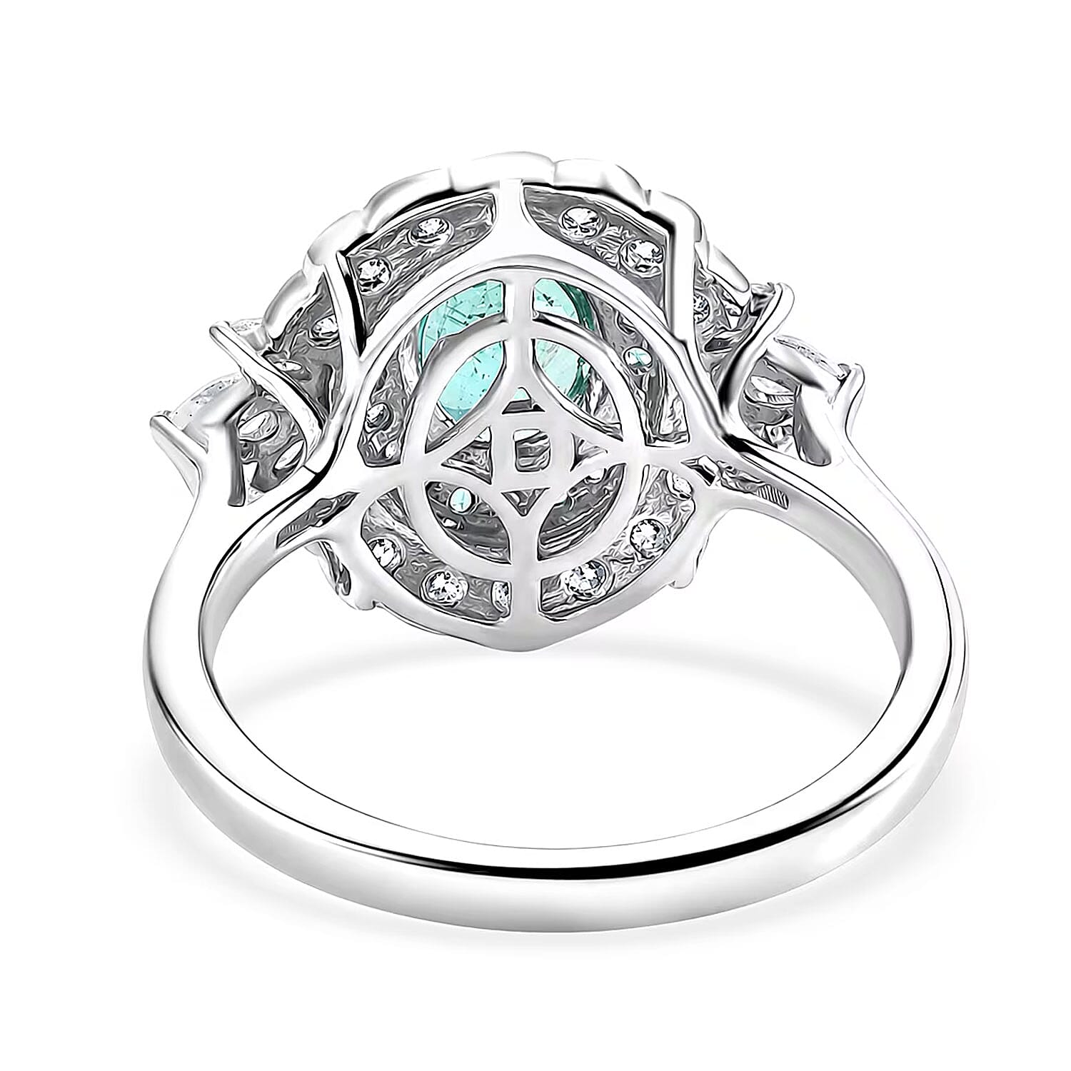 Certified & Appraised D'Joy Kagem Zambian Emerald, Paraiba Tourmaline and Moissanite 2.00 ctw Ring in Rhodium Over Sterling Silver (Size 6.0)