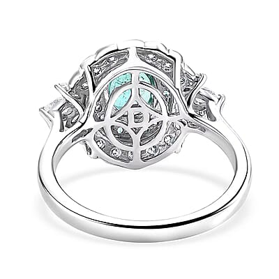 Certified & Appraised D'Joy Kagem Zambian Emerald, Paraiba Tourmaline and Moissanite 2.00 ctw Ring in Rhodium Over Sterling Silver (Size 6.0)