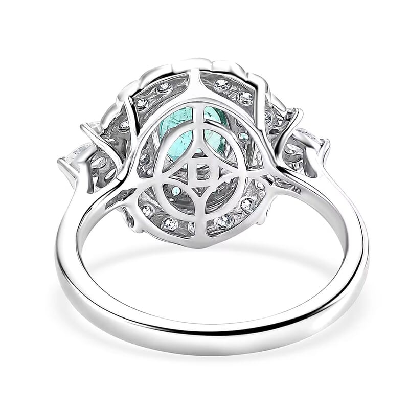 Certified & Appraised D'Joy Kagem Zambian Emerald, Paraiba Tourmaline and Moissanite 2.00 ctw Ring in Rhodium Over Sterling Silver (Size 6.0)
