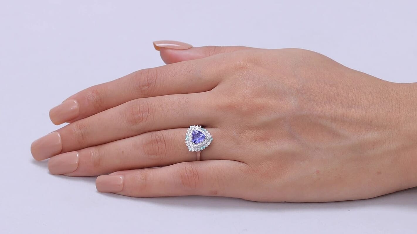 Certified & Appraised D'Joy Tanzanite, Paraiba Tourmaline and Moissanite Ring in Rhodium Over Sterling Silver (Size 10.0) (Ships in 5-7 Days) 1.80 ctw