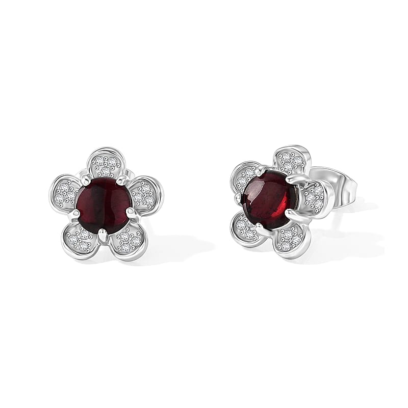 Mozambique Garnet and Simulated Diamond 6.00 ctw Floral Earrings in Silvertone