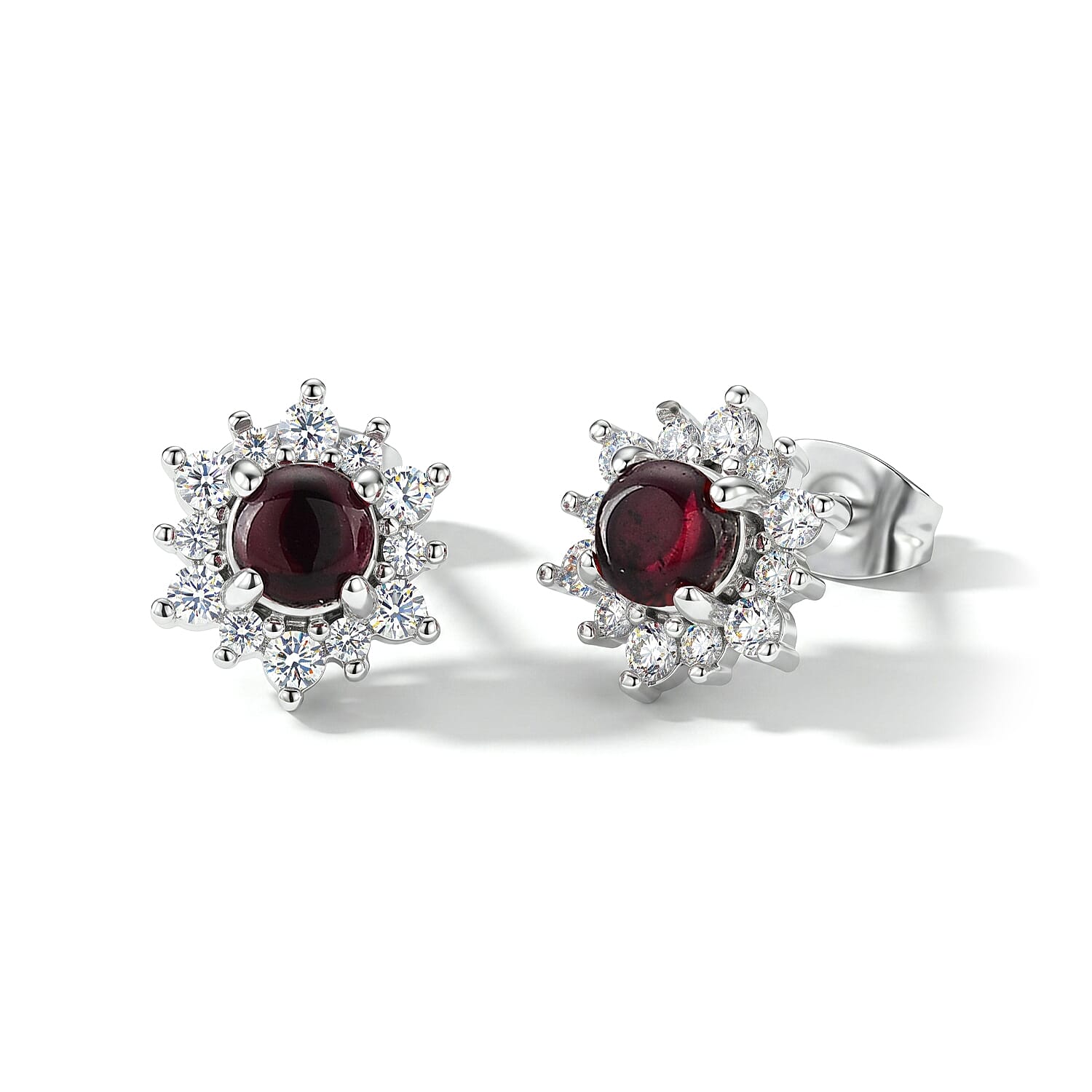 Mozambique Garnet and Simulated Diamond 6.00 ctw Sunburst Earrings in Silvertone
