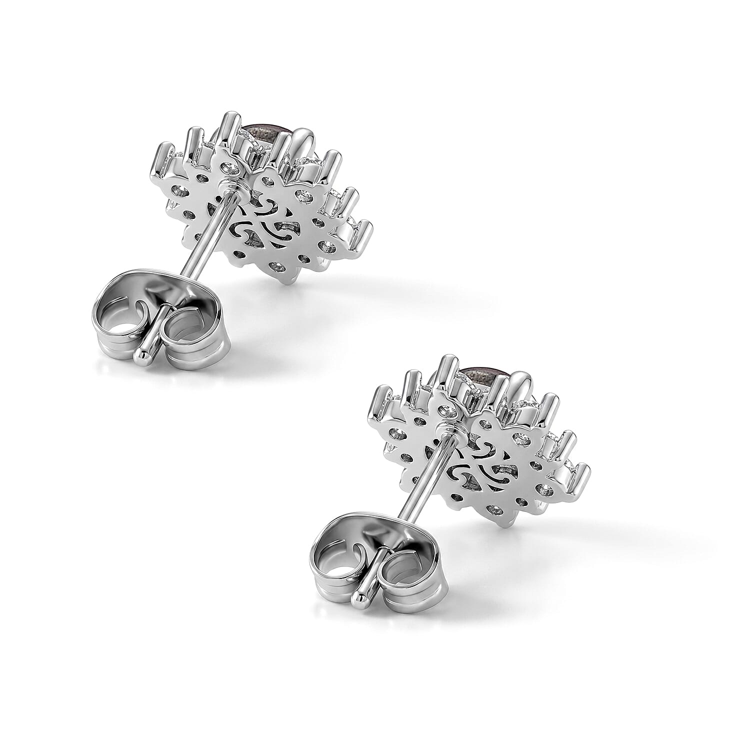 Mozambique Garnet and Simulated Diamond 6.00 ctw Sunburst Earrings in Silvertone
