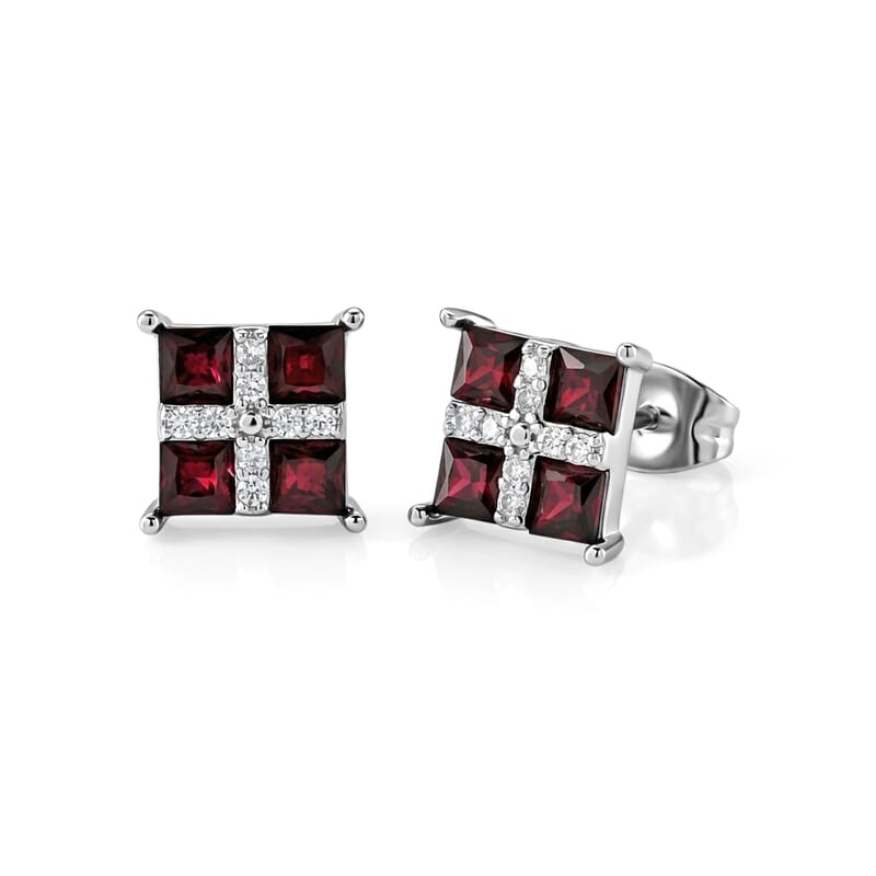 Mozambique Garnet and Simulated Diamond 2.50 ctw Earrings in Silvertone