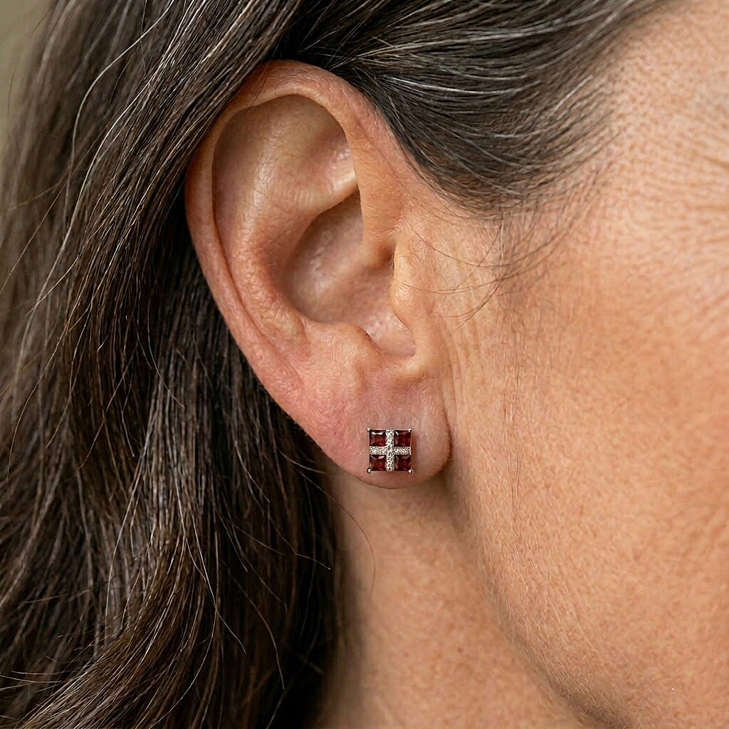 Mozambique Garnet and Simulated Diamond 2.50 ctw Earrings in Silvertone