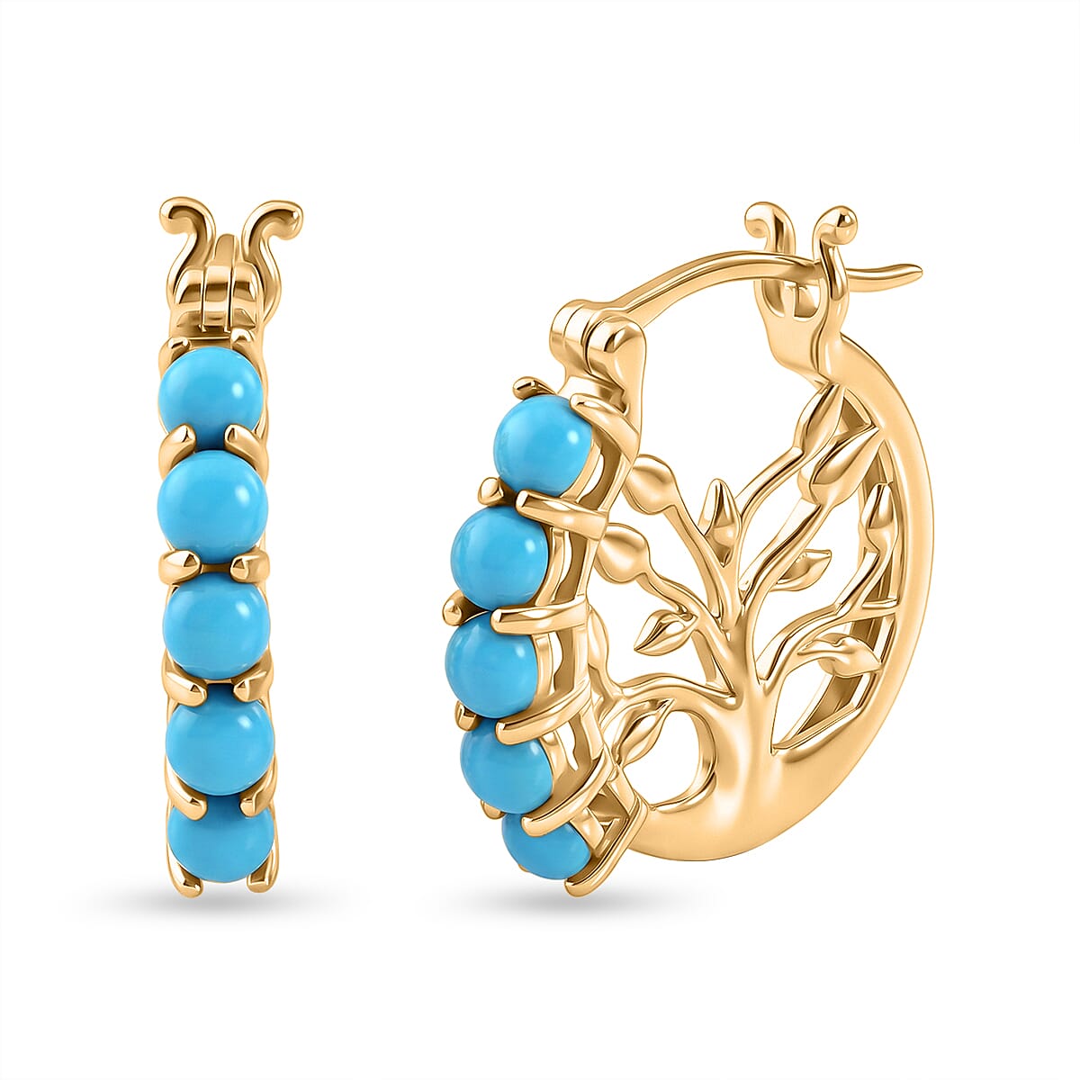 D'Joy Premium Sleeping Beauty Turquoise 1.30 ctw Tree of Life Hoops Earrings in 18K Vermeil Yellow Gold Over Sterling Silver