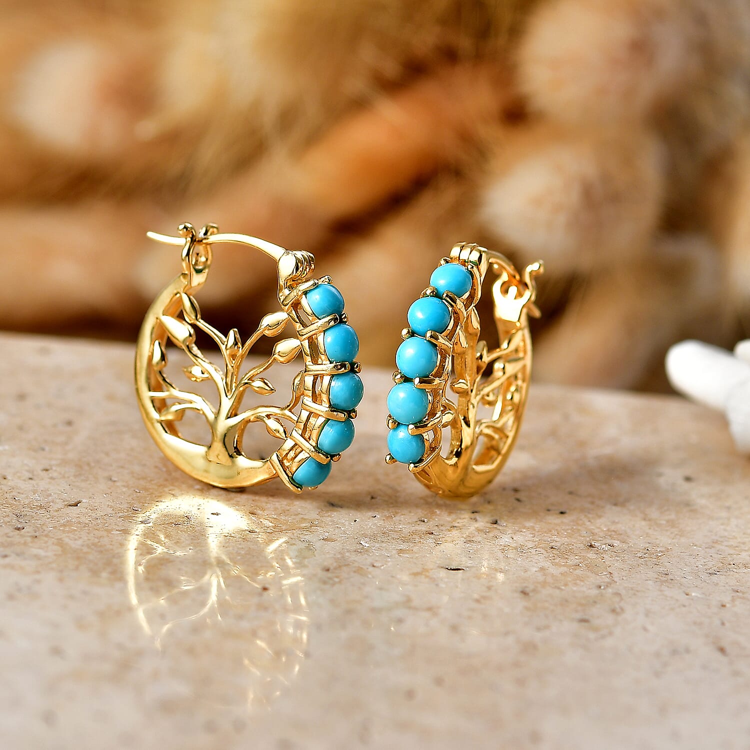 D'Joy Premium Sleeping Beauty Turquoise 1.30 ctw Tree of Life Hoops Earrings in 18K Vermeil Yellow Gold Over Sterling Silver