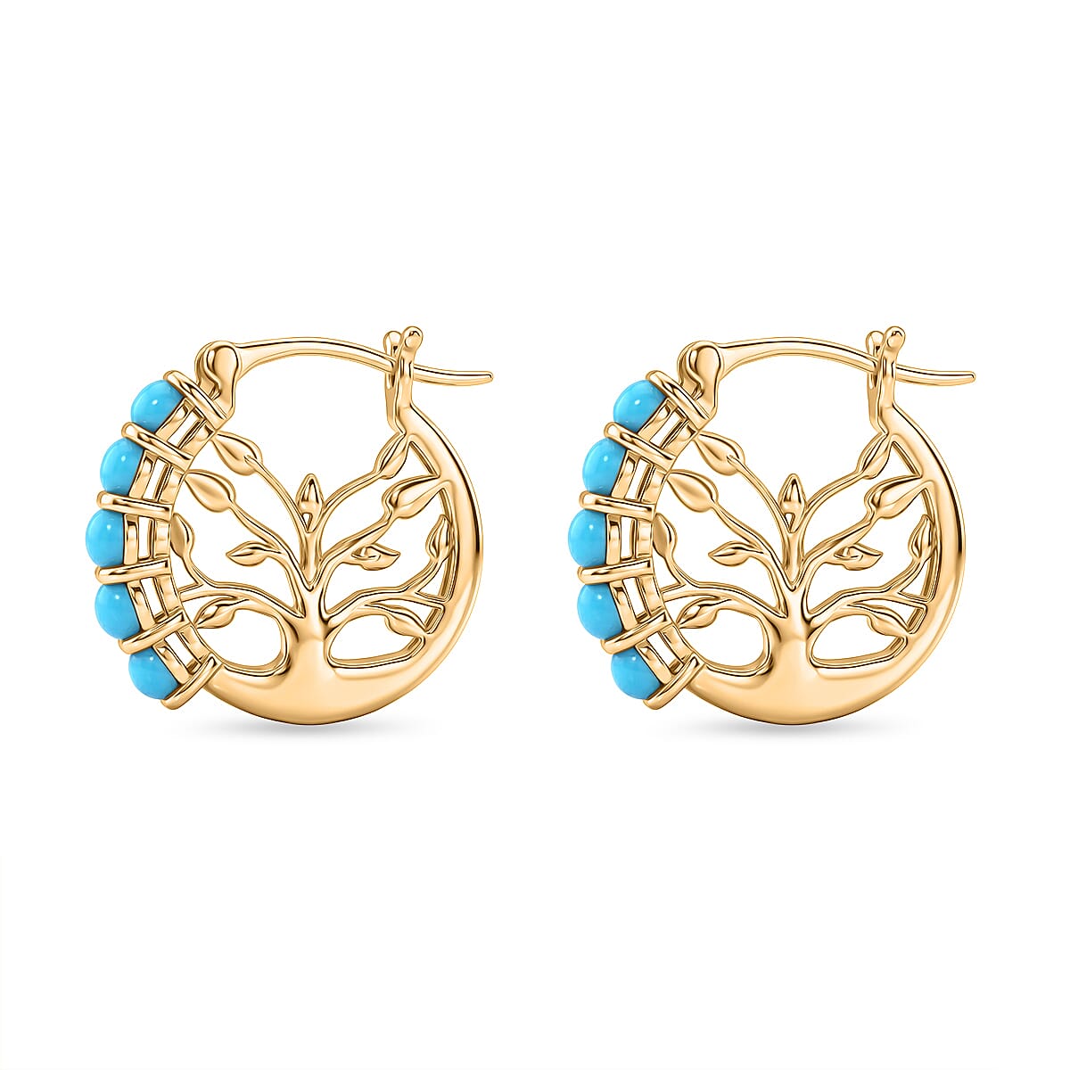 D'Joy Premium Sleeping Beauty Turquoise 1.30 ctw Tree of Life Hoops Earrings in 18K Vermeil Yellow Gold Over Sterling Silver image number 3