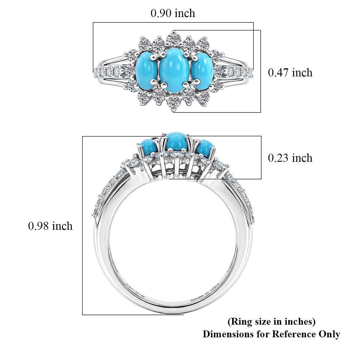 D'Joy Premium Sleeping Beauty Turquoise and Moissanite 1.50 ctw Royal Trilogy Ring in Rhodium Over Sterling Silver (Size 10.0) image number 5