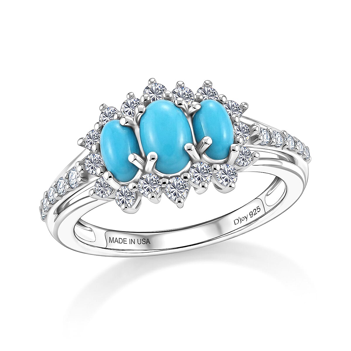 D'Joy Premium Sleeping Beauty Turquoise and Moissanite 1.50 ctw Royal Trilogy Ring in Rhodium Over Sterling Silver (Size 5.0)