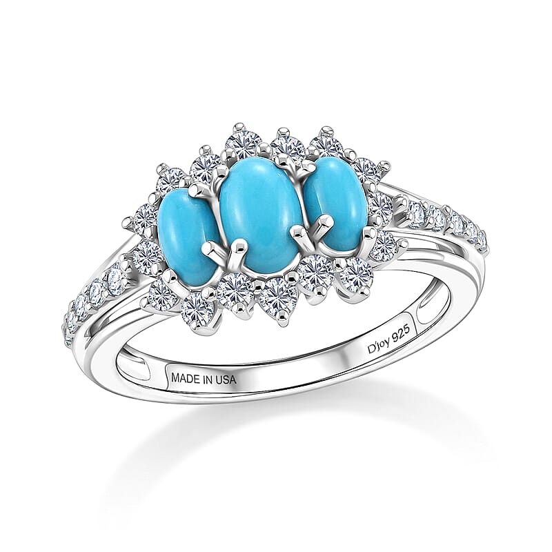 D'Joy Premium Sleeping Beauty Turquoise and Moissanite 1.50 ctw Royal Trilogy Ring in Rhodium Over Sterling Silver (Size 5.0)