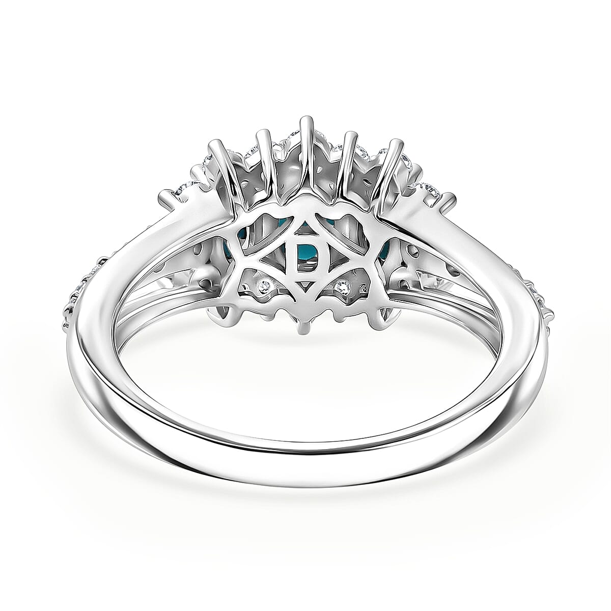 D'Joy Premium Sleeping Beauty Turquoise and Moissanite 1.50 ctw Royal Trilogy Ring in Rhodium Over Sterling Silver (Size 5.0)