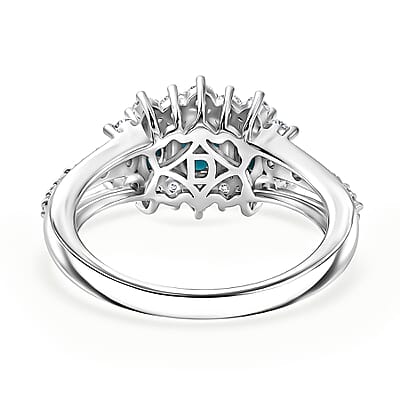 D'Joy Premium Sleeping Beauty Turquoise and Moissanite 1.50 ctw Royal Trilogy Ring in Rhodium Over Sterling Silver (Size 5.0)