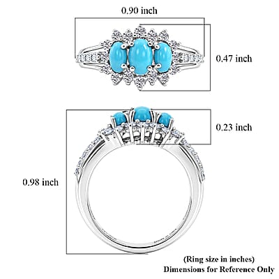 D'Joy Premium Sleeping Beauty Turquoise and Moissanite 1.50 ctw Royal Trilogy Ring in Rhodium Over Sterling Silver (Size 5.0)