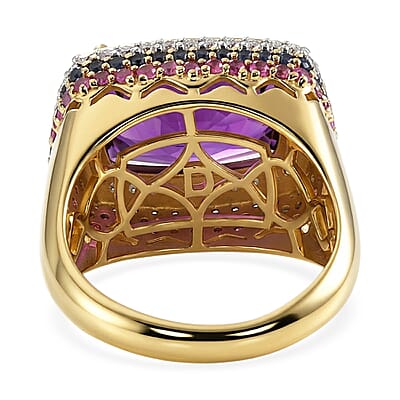 D'Joy AAA Zambian Amethyst and Multi Gemstone 8.50 ctw Crown Gallery Ring in 18K Vermeil Yellow Gold Over Sterling Silver (Size 6.0) (Ships in 8-10 Days)