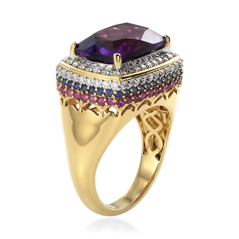 D'Joy AAA Zambian Amethyst and Multi Gemstone 8.50 ctw Crown Gallery Ring in 18K Vermeil Yellow Gold Over Sterling Silver (Size 7.0)