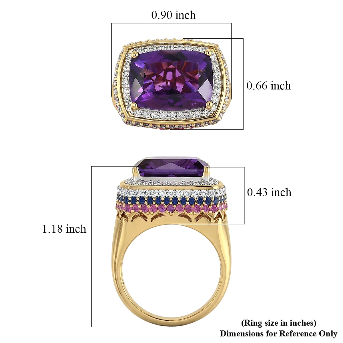 D'Joy AAA Zambian Amethyst and Multi Gemstone 8.50 ctw Crown Gallery Ring in 18K Vermeil Yellow Gold Over Sterling Silver (Size 7.0)