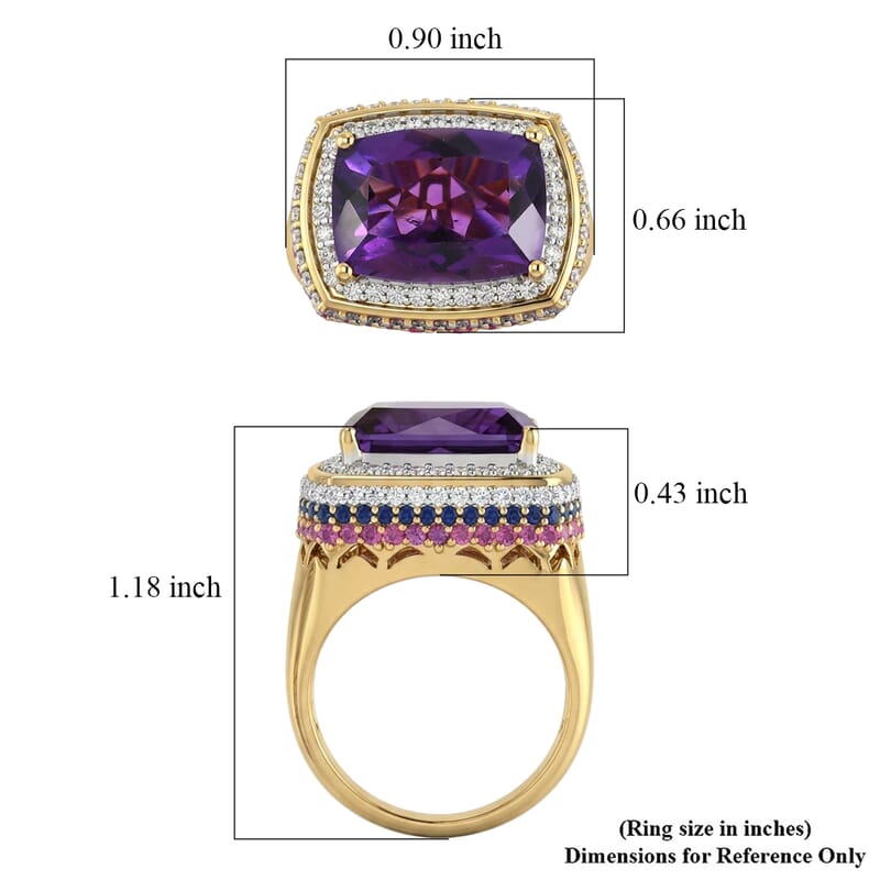 D'Joy AAA Zambian Amethyst and Multi Gemstone 8.50 ctw Crown Gallery Ring in 18K Vermeil Yellow Gold Over Sterling Silver (Size 7.0)