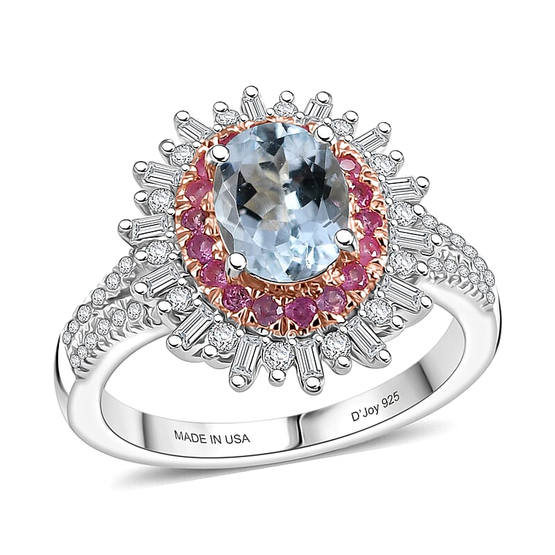 D'Joy Premium Mangoro Aquamarine and Multi Gemstone 2.00 ctw Serene Crown Ring 18K Vermeil RG and Rhodium Over Sterling Silver (Size 6.0)