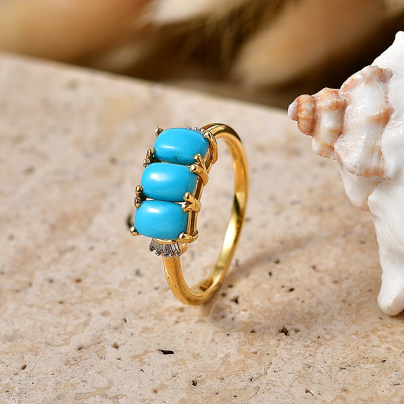 D'Joy Premium Sleeping Beauty Turquoise and Diamond 1.50 ctw Crowned Trinity Ring in 18K Vermeil Yellow Gold Over Sterling Silver (Size 10.0)