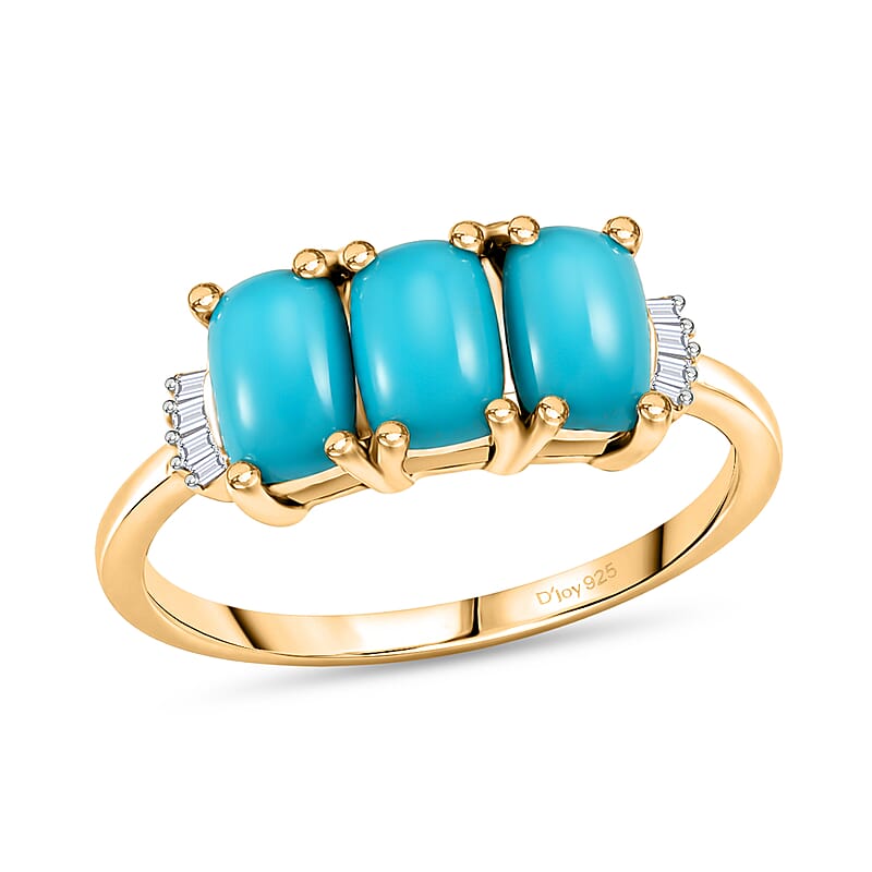 D'Joy Premium Sleeping Beauty Turquoise and Diamond 1.50 ctw Crowned Trinity Ring in 18K Vermeil Yellow Gold Over Sterling Silver (Size 7.0)