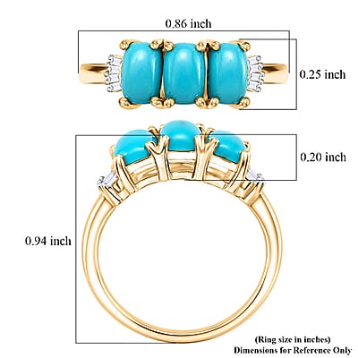 D'Joy Premium Sleeping Beauty Turquoise and Diamond 1.50 ctw Crowned Trinity Ring in 18K Vermeil Yellow Gold Over Sterling Silver (Size 7.0)