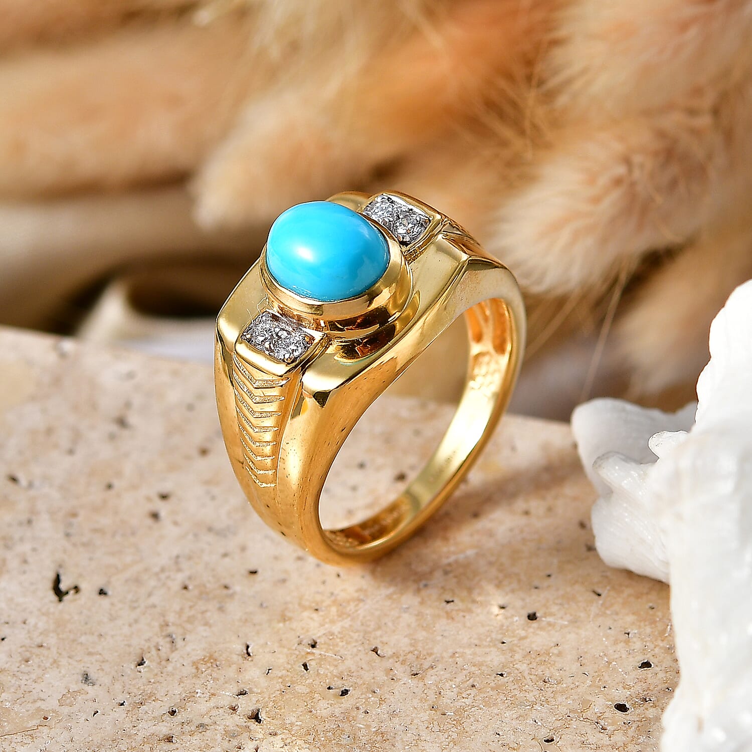 Premium Sleeping Beauty Turquoise, Luxuriant Lab Grown Diamond (G-H, SI) (0.16 cts) Men's Ring in 18K Vermeil YG Over Sterling Silver (Size 10.0) 2.00 ctw