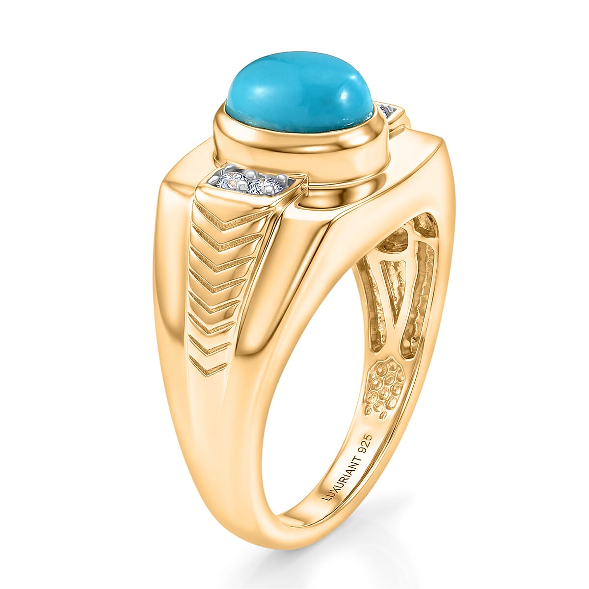 Premium Sleeping Beauty Turquoise and Luxuriant Lab Grown Diamond G-H SI 2.00 ctw Men's Ring in 18K Vermeil Yellow Gold Over Sterling Silver (Size 10.0)