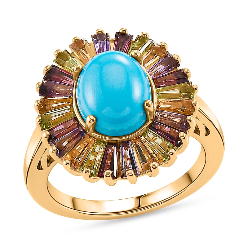 D'Joy Premium Sleeping Beauty Turquoise and Multi Gemstone 4.70 ctw Royal Aura Ring in 18K Vermeil Yellow Gold Over Sterling Silver (Size 6.0)